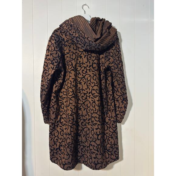 Art to Wear Bronze Taffeta Opera Coat Velvet Flocked Scroll Pleated Collar - Picture 4 of 6